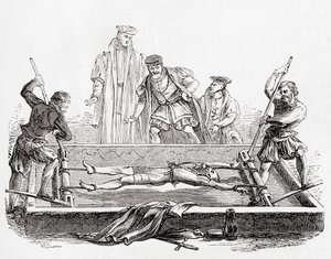 Cuthbert Simpson, gefoltert auf der Streckbank im Tower of London während der Marianischen Verfolgung, 1558, aus Old England: A Pictorial Museum, veröffentlicht 1847